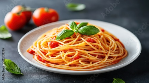 Spaghetti with tomato sauce on a white plate with a dark and blurry background