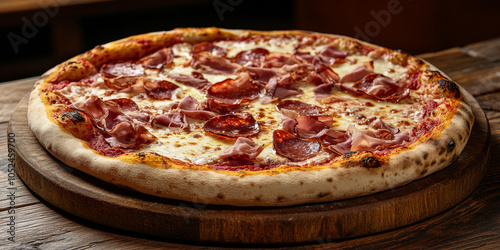 A delicious Italian pizza topped with a variety of cured meats, including pepperoni and prosciutto, with melted cheese and a golden, slightly charred crust, served on a rustic wooden board