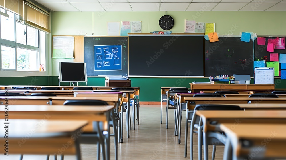 A classroom setting with desks facing a chalkboard and educational materials on the walls. A classroom setting with desks facing a chalkboard and educational materials on the walls.