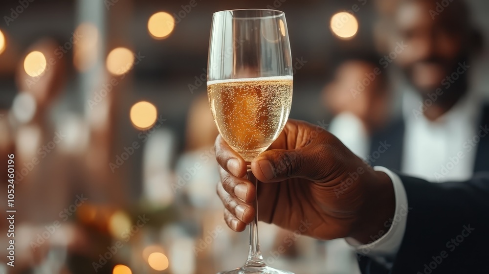 A gracefully held champagne glass is raised for a toast amidst a joyous celebration, capturing the essence of elegance, happiness, and shared moments.