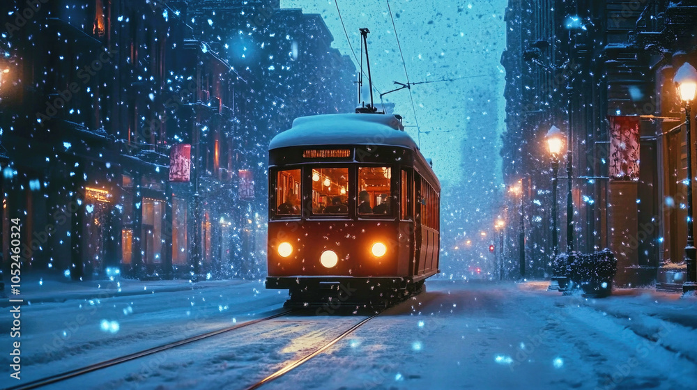 Obraz premium Vintage tram journeys through a snowy city street on a winter evening