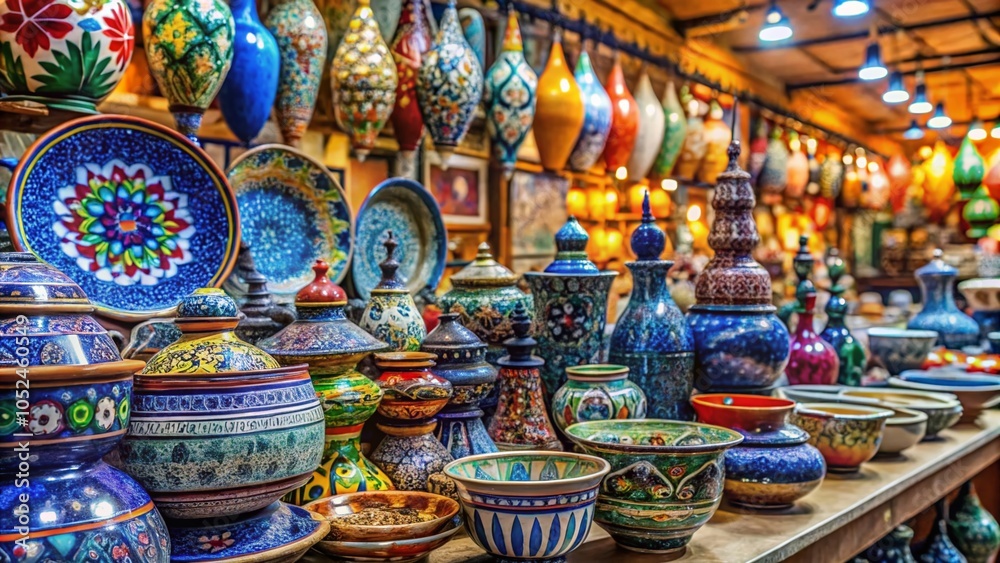 Pottery in the Bazaar: Colorful Handcrafted Ceramics Displayed in a Vibrant Marketplace Pottery in the Bazaar: Colorful Handcrafted Ceramics Displayed in a Vibrant Marketplace