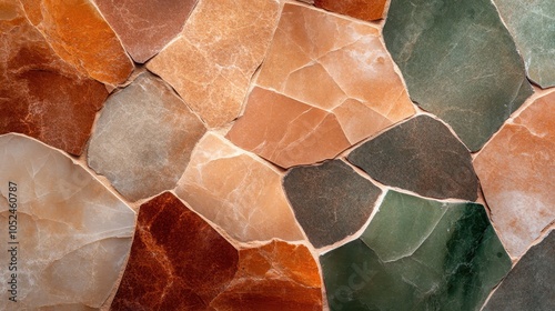 A smooth, elegant stone art piece featuring rich green and brown colors arranged in an abstract mosaic, suggesting a feeling of warmth and aesthetic balance. photo