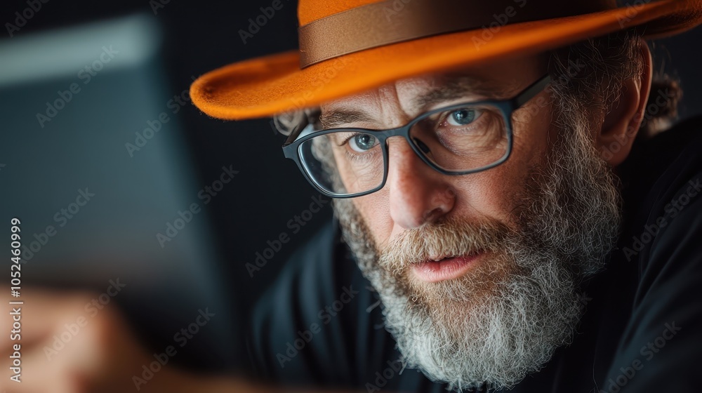 A serious-minded man in a vibrant orange hat works intently on a computer, creating an atmosphere of concentration and determination within a technological setting. A serious-minded man in a vibrant orange hat works intently on a computer, creating an atmosphere of concentration and determination within a technological setting.