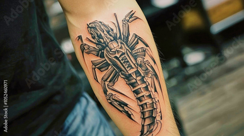 Intricate Scorpio tattoo design featuring sharp lines and tribal details on a muscular arm photo