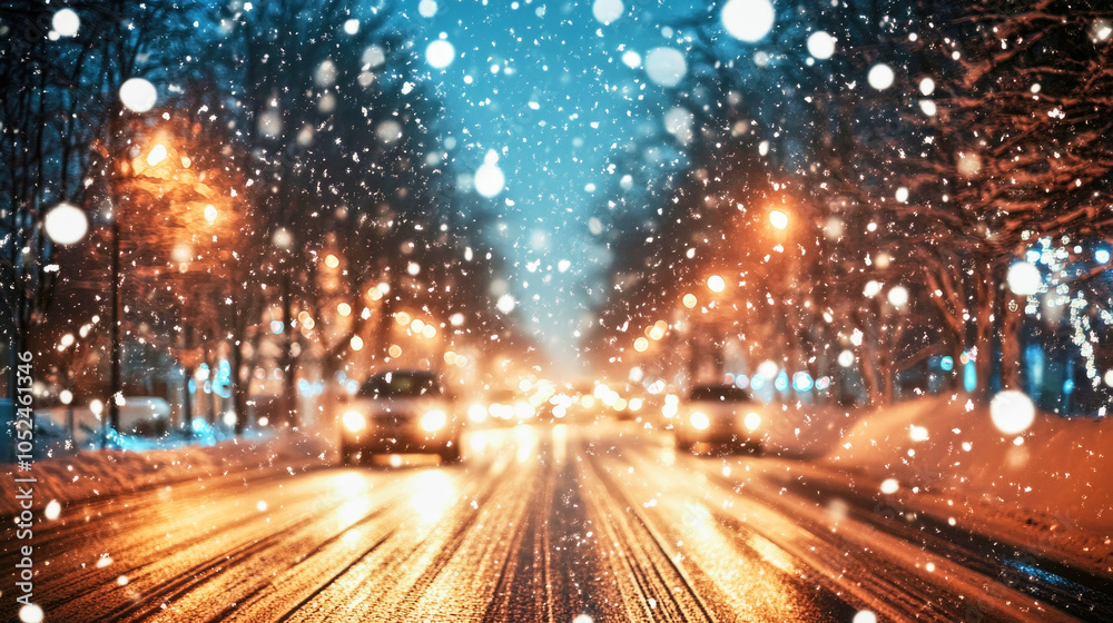 Cars navigate a snowy road filled with soft snowflakes illuminated by bright headlights Cars navigate a snowy road filled with soft snowflakes illuminated by bright headlights