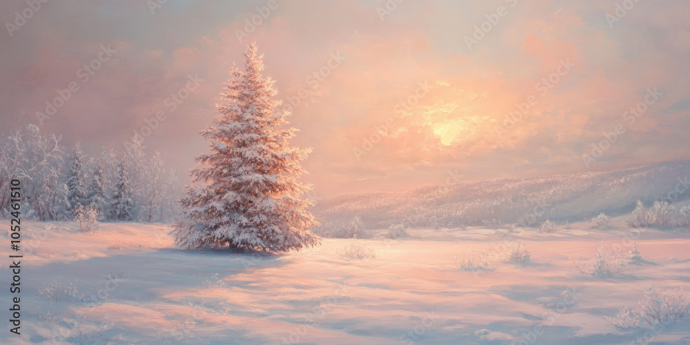 A pinkish snow-covered field with a glowing gold fir-tree at the heart of the scene, standing out against the soft pastel tones of the winter landscape A pinkish snow-covered field with a glowing gold fir-tree at the heart of the scene, standing out against the soft pastel tones of the winter landscape