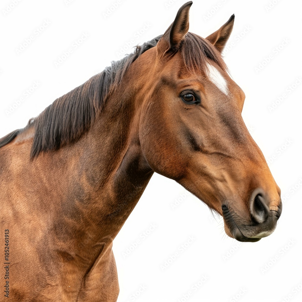 Fototapeta premium Brown horse with dark mane looking slightly down, isolated on white background