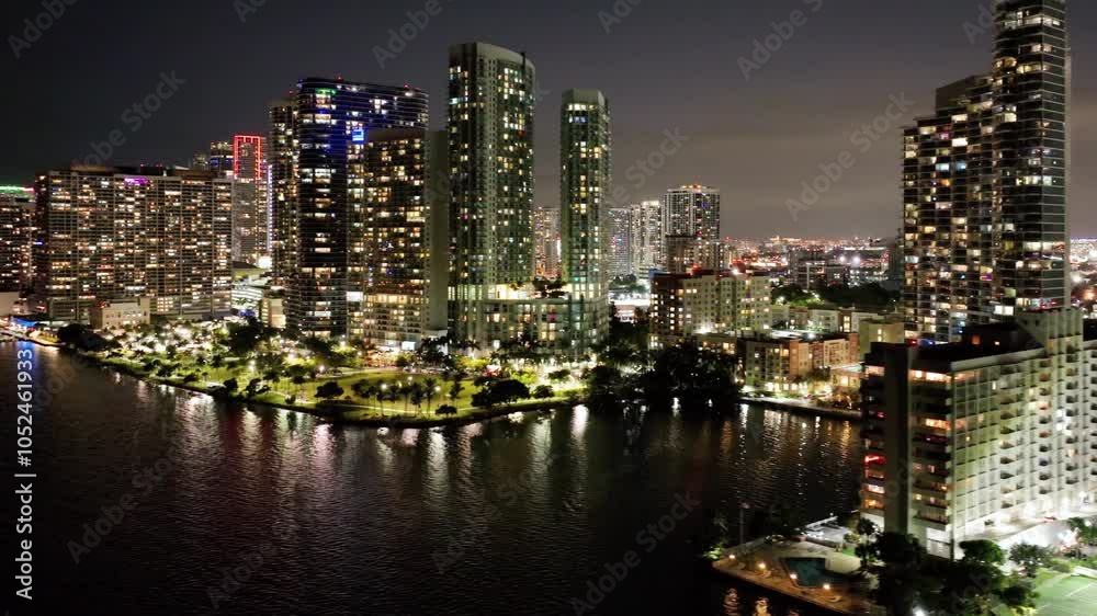 Aerial shot of the tall buildings of downtown Miami Florida at night Aerial shot of the tall buildings of downtown Miami Florida at night