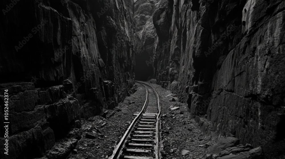 Naklejka premium Serene Pathway Through Rocky Canyon in Black and White