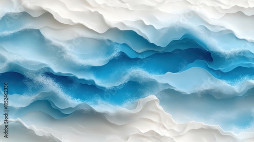 This image showcases a layered abstract artwork with wavy patterns in blue and white, evoking feelings of fluidity and movement in an arresting visual composition.