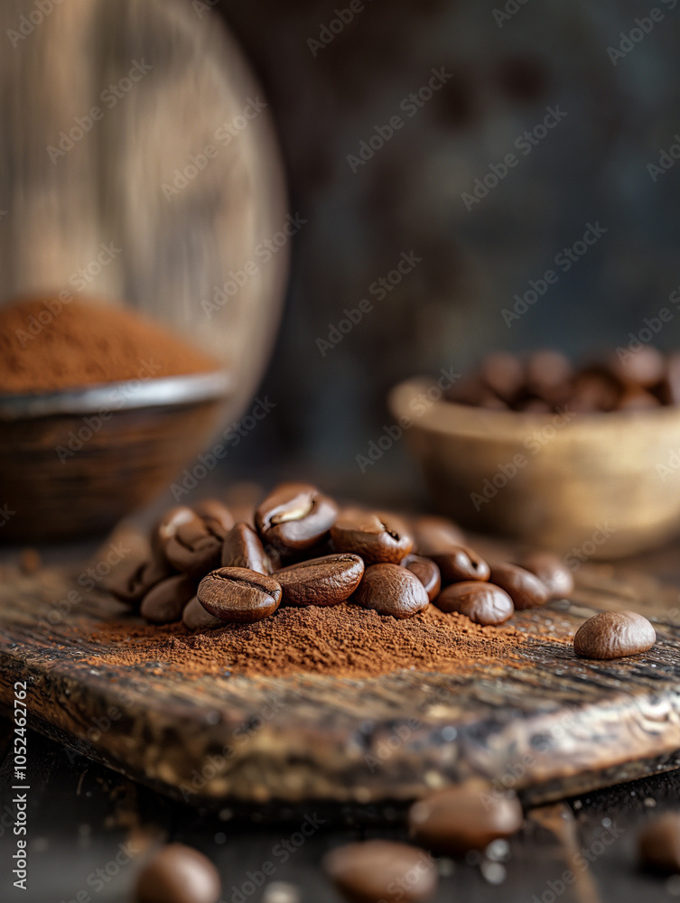 Close-up of roasted coffee beans on a wooden board with coffee grounds. Close-up of roasted coffee beans on a wooden board with coffee grounds.