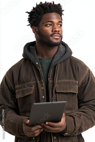 Person With Tablet On White...