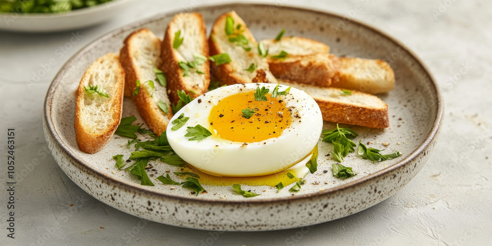 A soft-boiled egg sliced open on a ceramic plate, revealing a rich, runny yolk, surrounded by toast soldiers, perfect for dipping A soft-boiled egg sliced open on a ceramic plate, revealing a rich, runny yolk, surrounded by toast soldiers, perfect for dipping