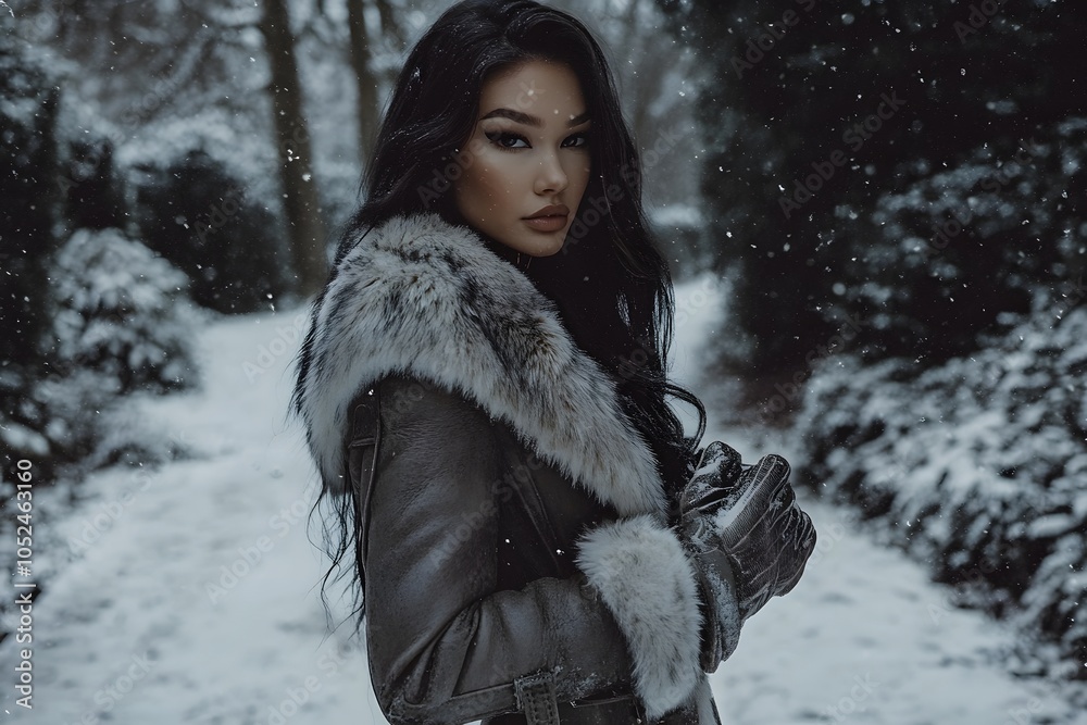 portrait of winter fashion luxurious model woman in fur coat with snow around, representing outdoors elegance, high fashion, style and glamour portrait of winter fashion luxurious model woman in fur coat with snow around, representing outdoors elegance, high fashion, style and glamour