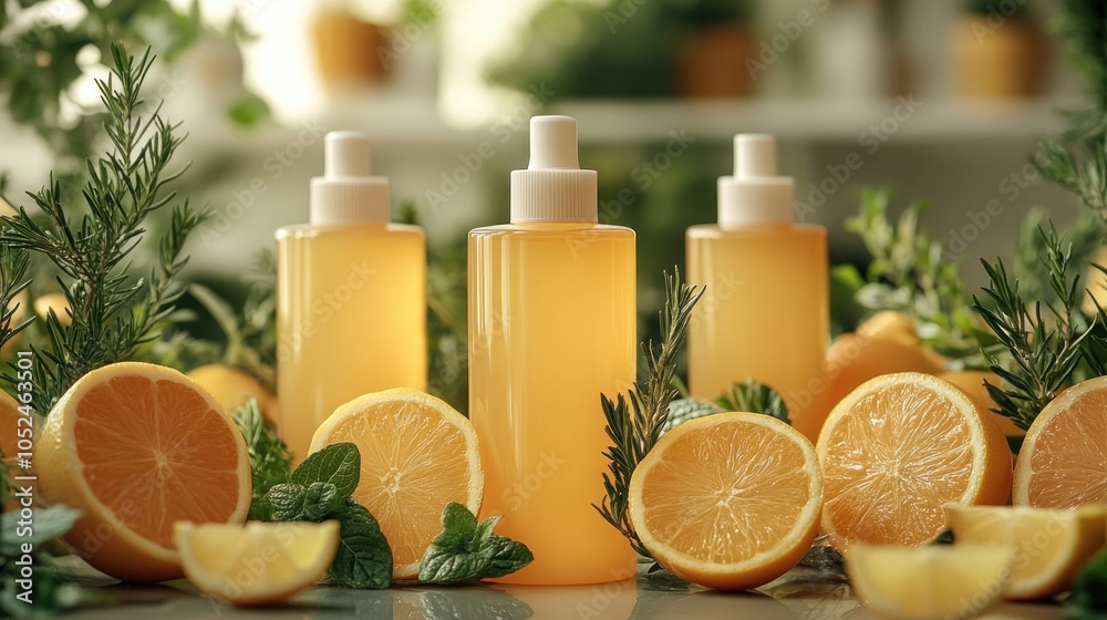 Three bottles of citrus-scented liquid surrounded by lemons, oranges, and mint leaves. Three bottles of citrus-scented liquid surrounded by lemons, oranges, and mint leaves.
