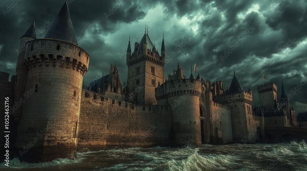 Fototapeta premium Majestic Castle Under Dramatic Stormy Sky