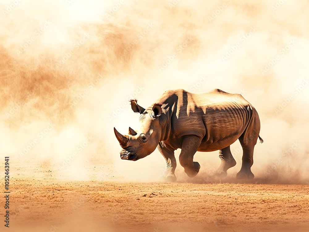 Fototapeta premium Lone Rhinoceros Searching for Shade in Dry Dusty Savanna Landscape