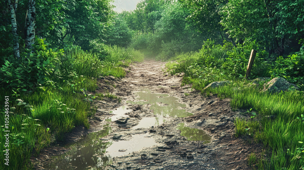 Obraz premium A muddy path through a lush forest reflects the sky after a refreshing rainstorm