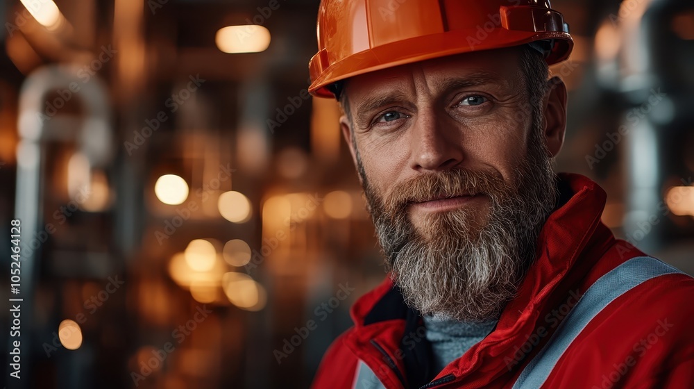 Fototapeta premium A middle-aged man with a gray beard, wearing an orange hard hat and industrial clothing, standing confidently in an industrial complex with blurred lights.