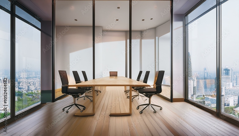 Fototapeta premium Modern meeting room interior with window and city view, wooden flooring and glass partitions. 3D Rendering.