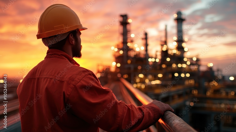 An industrial worker, clad in safety gear and a hard hat, stands on a platform gazing at a refinery during a sunset, symbolizing hope and industry. An industrial worker, clad in safety gear and a hard hat, stands on a platform gazing at a refinery during a sunset, symbolizing hope and industry.