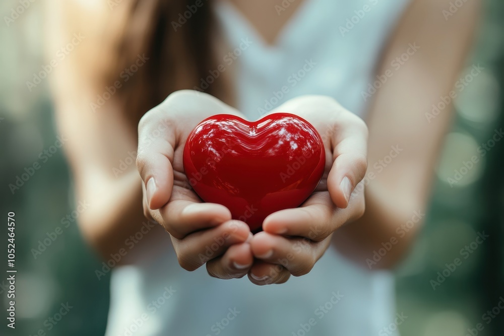 A person holds a shiny red heart-shaped object in both hands outdoors on a sunny day A person holds a shiny red heart-shaped object in both hands outdoors on a sunny day