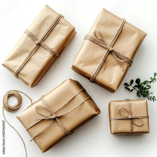 Surprizing Christmas Wrapping  gifts with brown paper and string Isolated On White Background
 photo