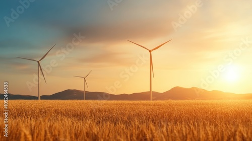 Three modern wind turbines stand tall in a wheat field during sunset, representing renewable energy and the hope for a sustainable and harmonious environment. photo