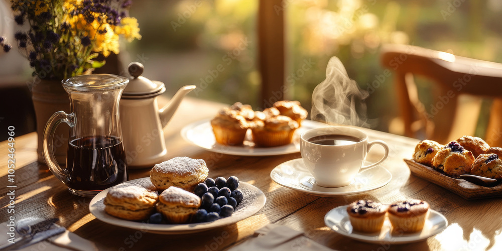 Fototapeta premium A warm, inviting table setting with a freshly brewed coffee pot, a steaming cup, and a plate of assorted pastries, including scones and blueberry muffins, surrounded by soft morning light