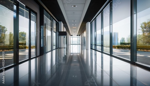 Modern office corridor with reflections. 3D Rendering.