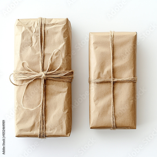 Surprizing Christmas Wrapping  gifts with brown paper and string Isolated On White Background
 photo