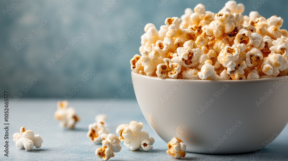 A heaping bowl of golden popcorn sits on a textured light blue surface creating a relaxed atmosphere perfect for enjoying this timeless treat. Ideal for movie nights. A heaping bowl of golden popcorn sits on a textured light blue surface creating a relaxed atmosphere perfect for enjoying this timeless treat. Ideal for movie nights.
