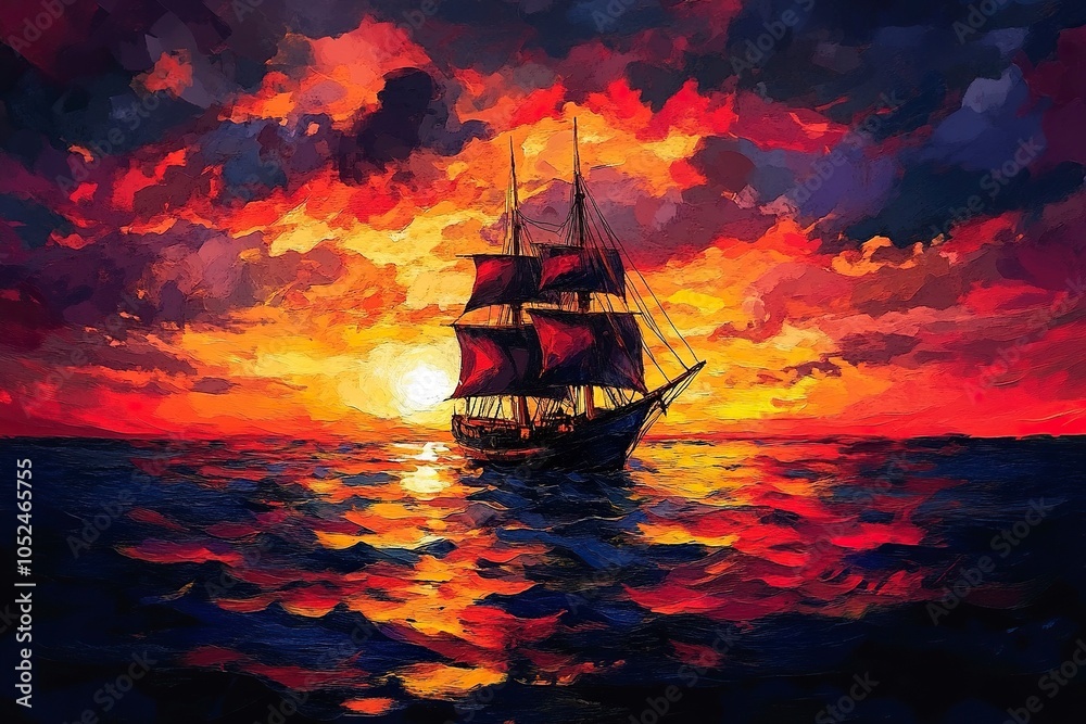 Obraz premium Beautiful ocean sunset , with colourful red and orange sky, dark sea and silhouette of ship on the horizon. .generative ai