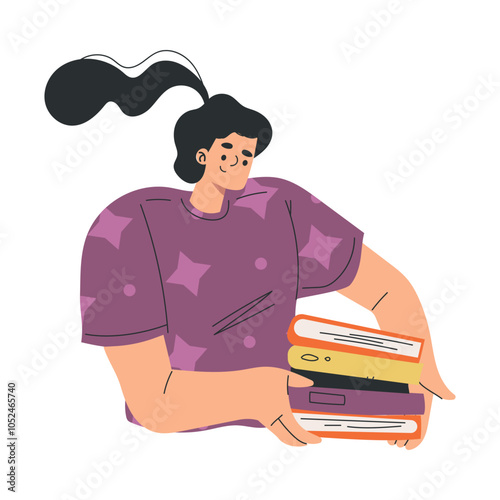 Woman Carry Book and Interesting Literature Enjoy Hobby Vector Illustration