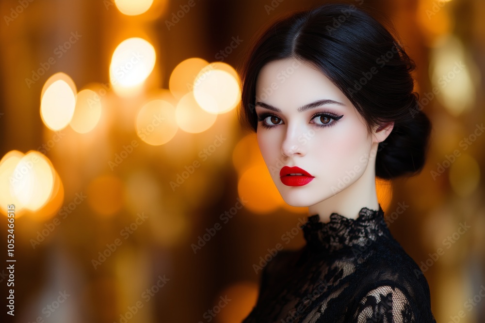 A captivating vampire with dark hair and red lips in a gothic setting surrounded by blurred decor A captivating vampire with dark hair and red lips in a gothic setting surrounded by blurred decor