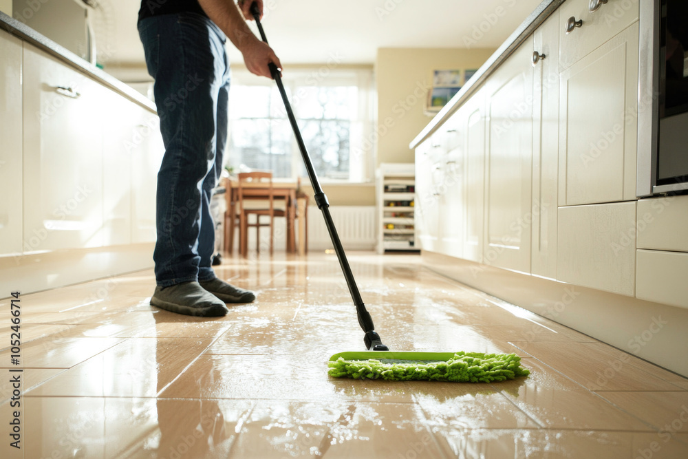 Fototapeta premium Person mopping sunlit kitchen floor with bright green mop during daytime cleaning routine