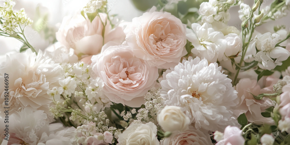 An elegant digital flower arrangement featuring soft pink roses, white peonies, and greenery, perfect for wedding invitations and branding, with delicate details and a romantic aesthetic An elegant digital flower arrangement featuring soft pink roses, white peonies, and greenery, perfect for wedding invitations and branding, with delicate details and a romantic aesthetic