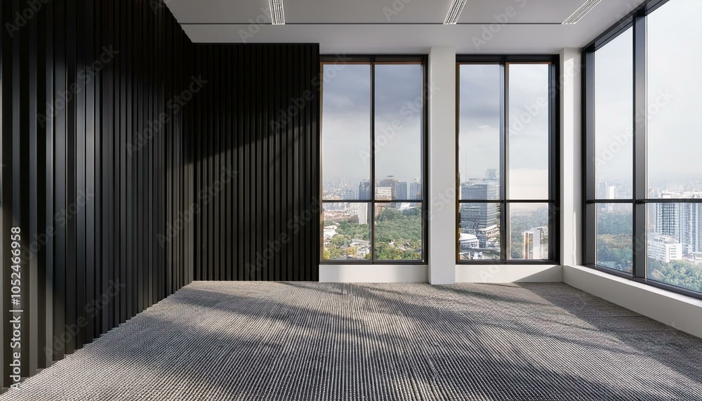 Fototapeta premium Modern office interior with large windows and black partition wall. 3D Rendering