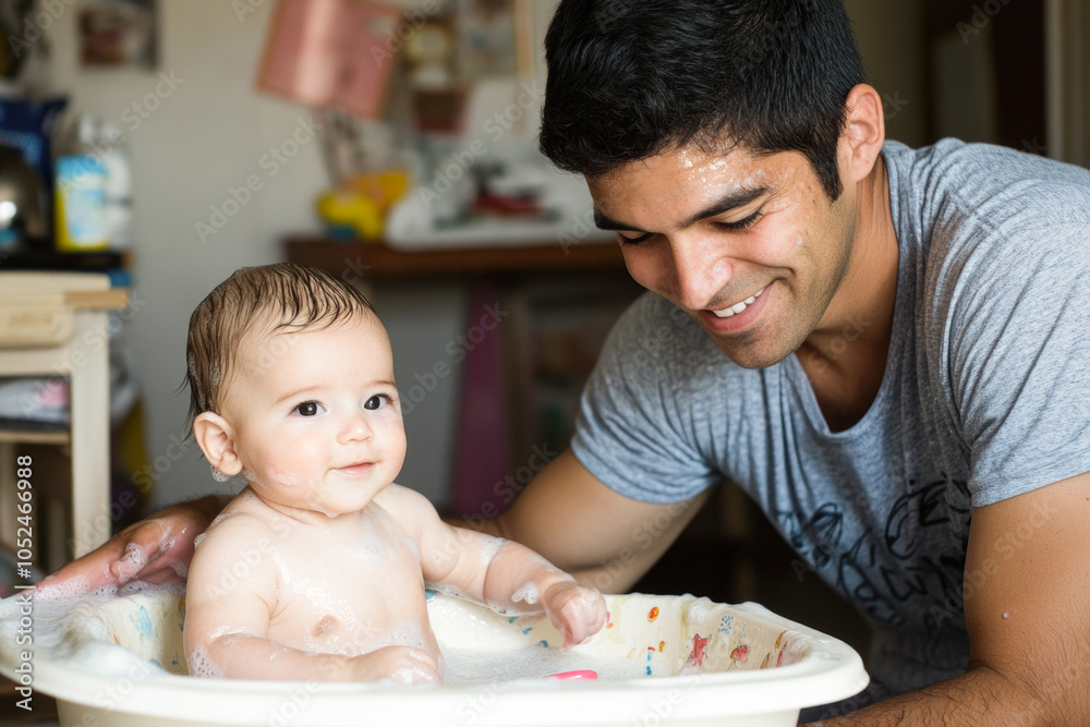 Parent smiling while bathing happy baby in bathroom at home Parent smiling while bathing happy baby in bathroom at home