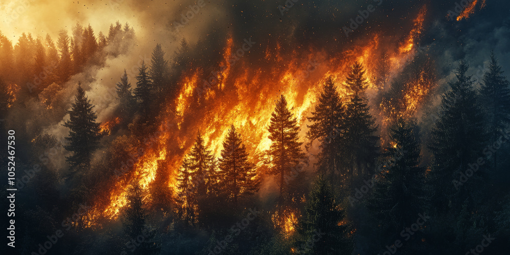 An uncontrollable wildfire sweeping through a dense pine forest, with intense flames leaping from tree to tree and thick, black smoke billowing high above, filling the air with chaos and destruction An uncontrollable wildfire sweeping through a dense pine forest, with intense flames leaping from tree to tree and thick, black smoke billowing high above, filling the air with chaos and destruction