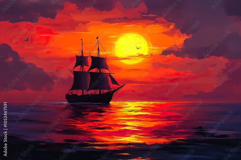 Obraz premium Beautiful ocean sunset , with colourful red and orange sky, dark sea and silhouette of ship on the horizon. .generative ai