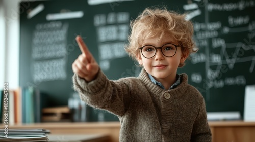 A young student with glasses in a cozy sweater points to the chalkboard in a classroom setting, signifying curiosity and eagerness to learn with a joyful expression. photo