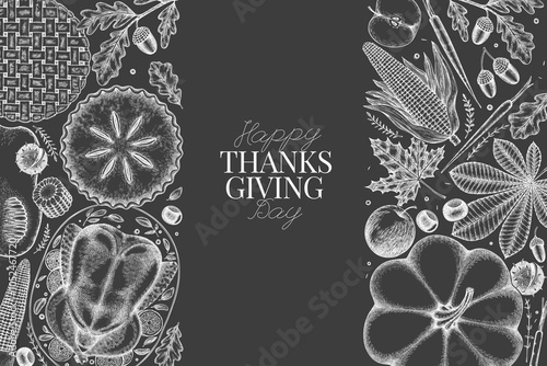 Vector Hand Drawn Chalk Board Thanksgiving Menu Design Template. Festive Food Illustration. Vintage Style Family Dinner Background