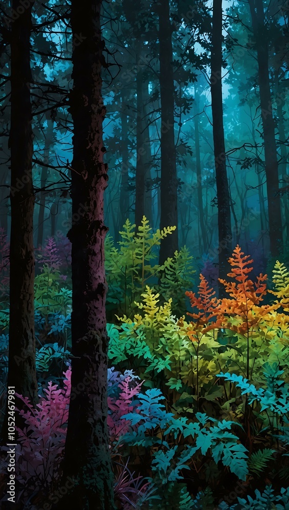 A nature magazine cover showcasing a psychedelic forest in cool hues, evoking mystery. A nature magazine cover showcasing a psychedelic forest in cool hues, evoking mystery.