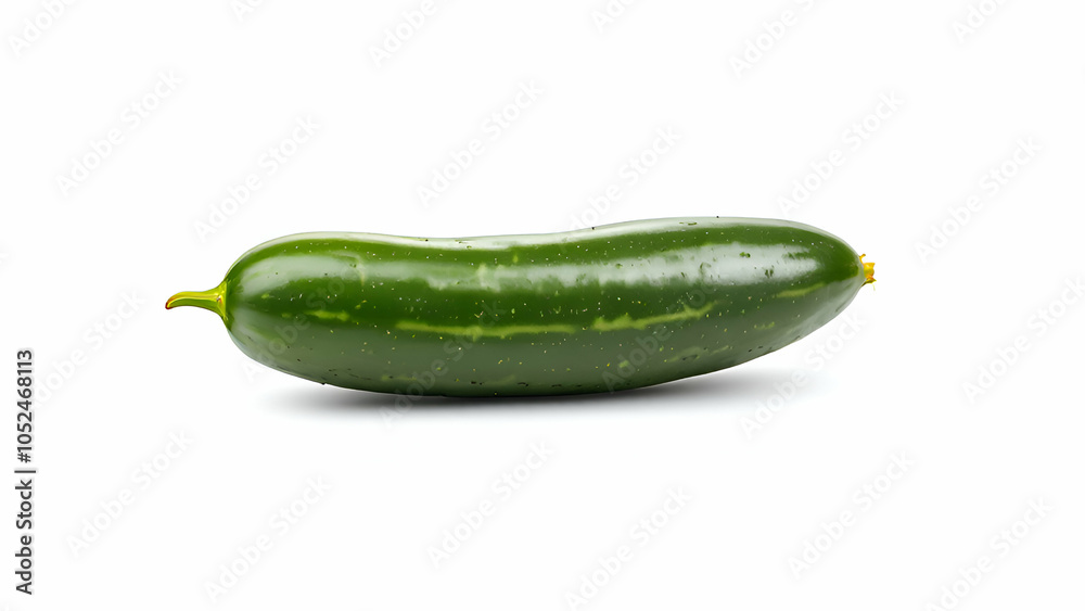 A single, fresh green cucumber with a slightly curved shape, isolated on a white background. The cucumber is glistening with moisture, suggesting it has been recently washed or picked. A single, fresh green cucumber with a slightly curved shape, isolated on a white background. The cucumber is glistening with moisture, suggesting it has been recently washed or picked.