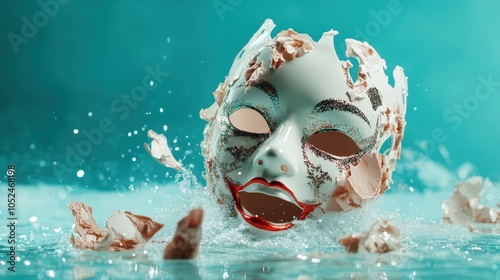 A broken mask emerging from a dynamic water surface, representing an intense and dramatic moment of revelation and transformation, artfully captured. photo