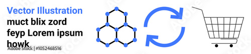 Network symbols, sync arrows, and a shopping cart represent digital connectivity, transaction processes, and e-commerce. Ideal for tech, commerce, innovation, networking, and technology. Banner