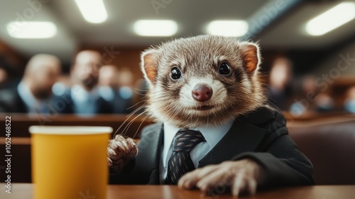 A ferret wearing a formal suit, holding a small cup, looks startled or intrigued in a court room with blurred figures in the background for added atmosphere. photo