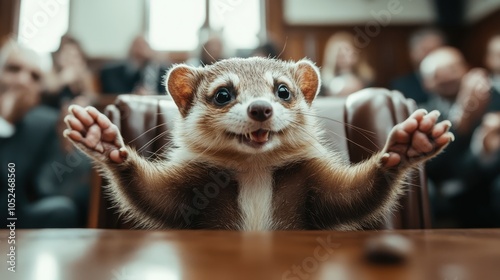 A cheerful ferret with raised paws appears joyful in a courtroom setting, conveying excitement and positivity, surrounded by blurred figures in the background. photo